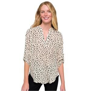 Lush Women's Black Off-White Animal Print V-Neck Blouse Roll Tab Sleeves Sz. XXL